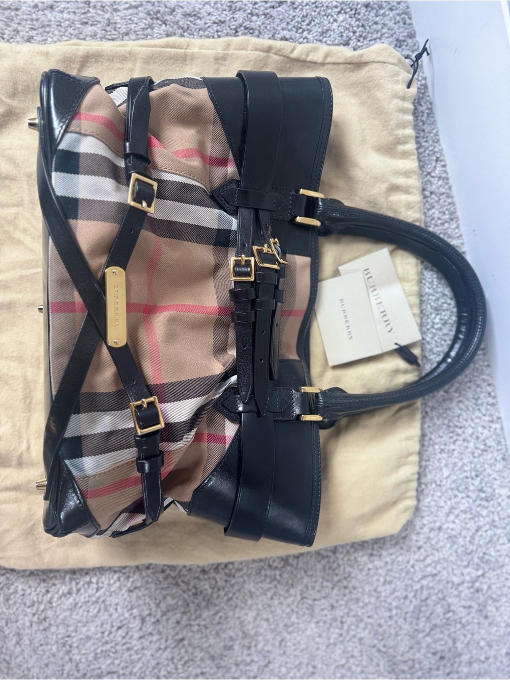 Burberry Bridle House Check Medium Tote Black Leather and Gold Hardware